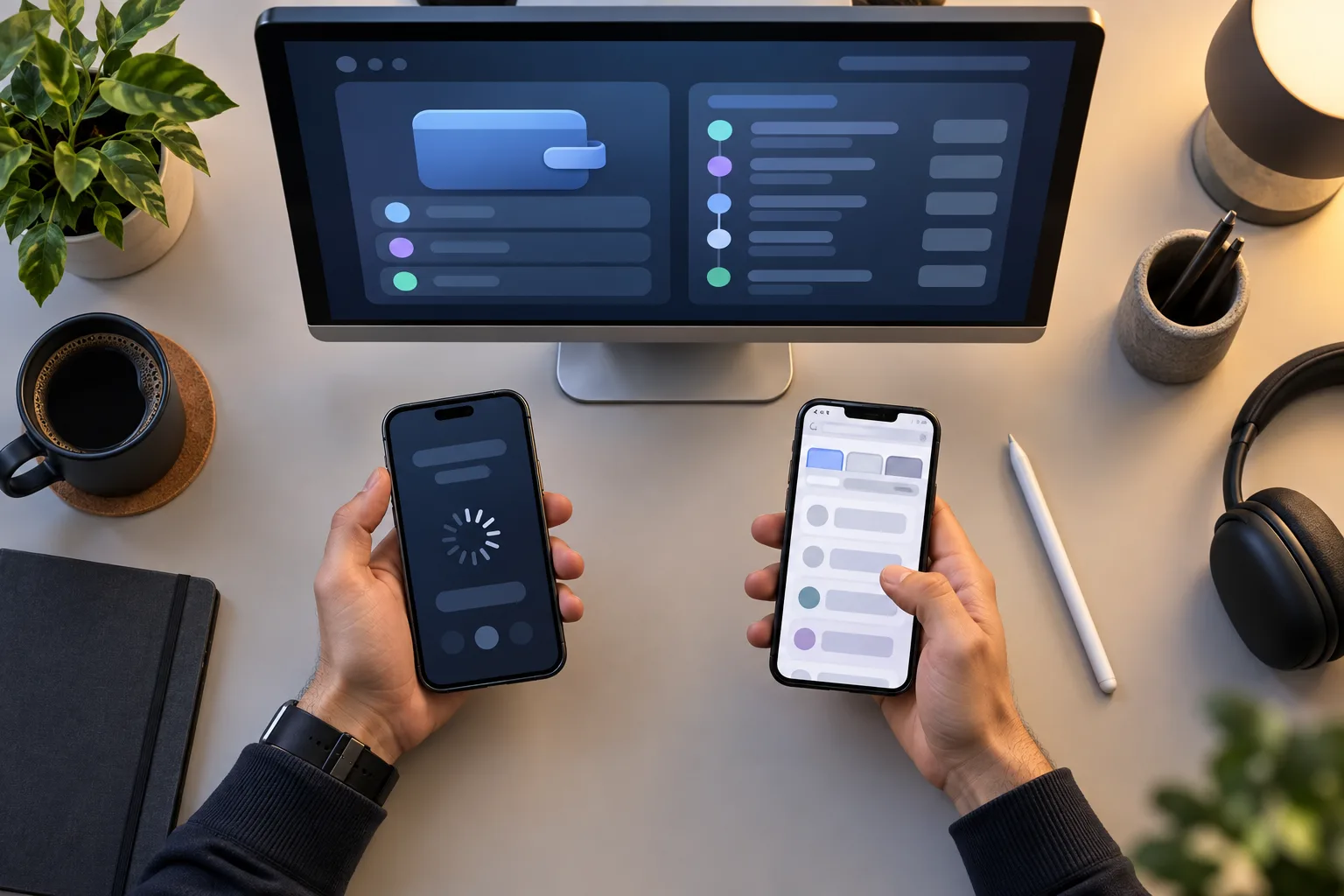 Three unbranded devices displaying different stages of one generic claim journey, Anonymous hands compare the retained app
