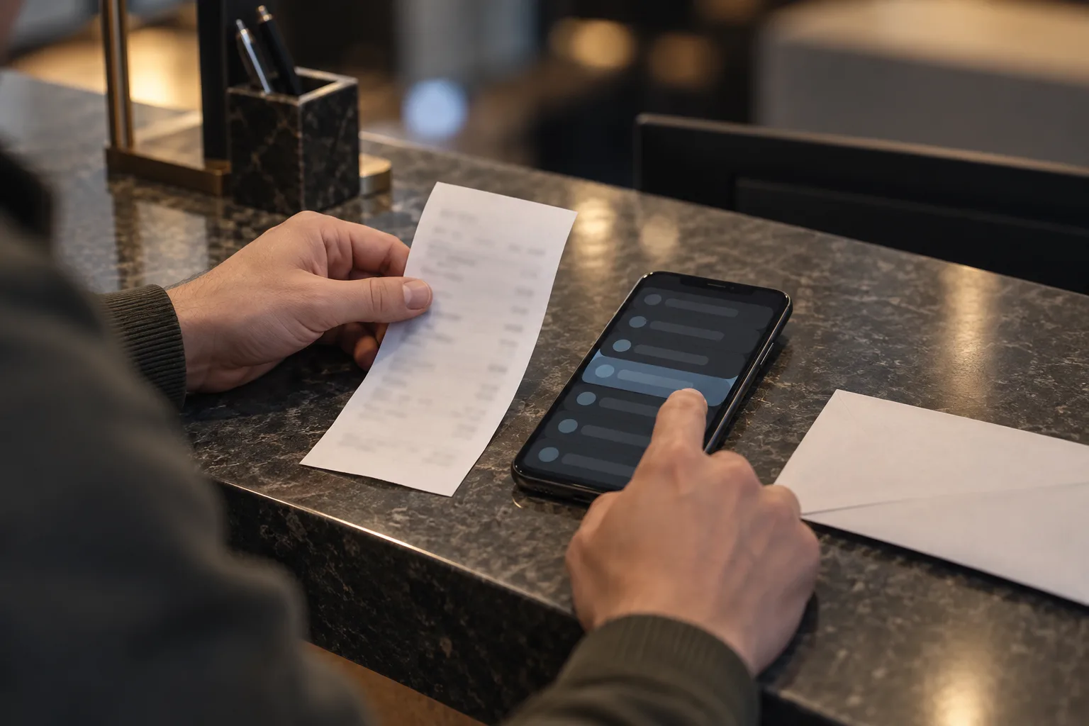 A customer compares a paper receipt with a phone's generic account-credit screen, The customer places the receipt beside the