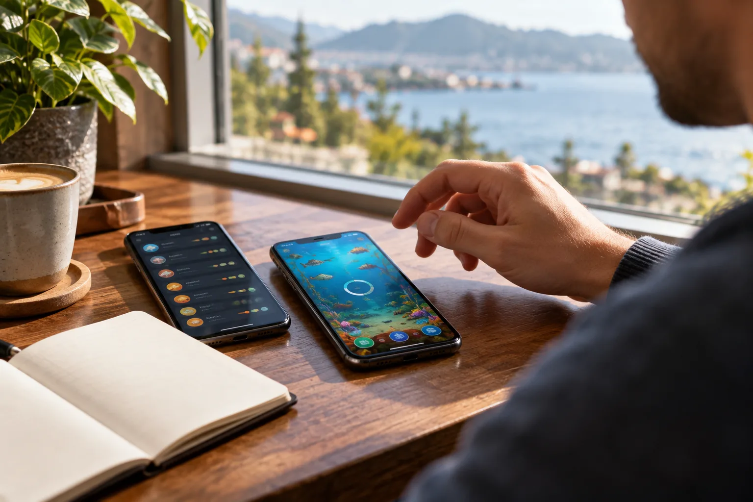 A hand held above, but away from, a phone's game controls, The player waits and checks the recent entries before touching