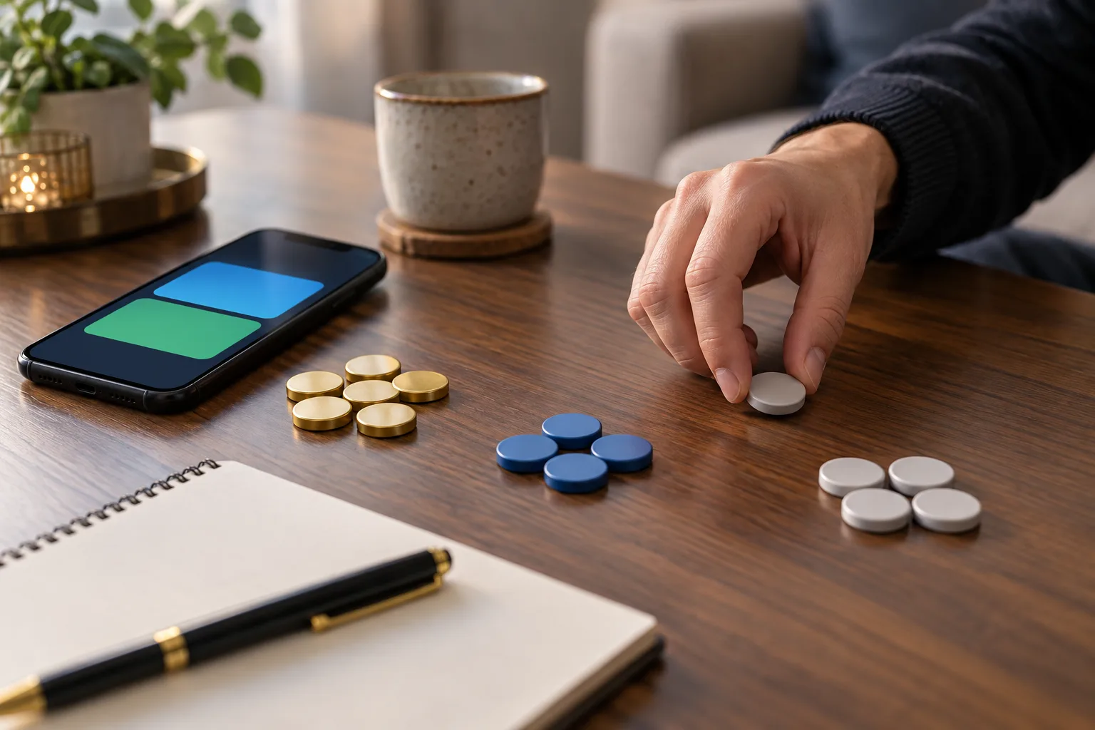 An unidentifiable hand separating plain tokens into three groups beside a phone, The hand moves one token away from the cash