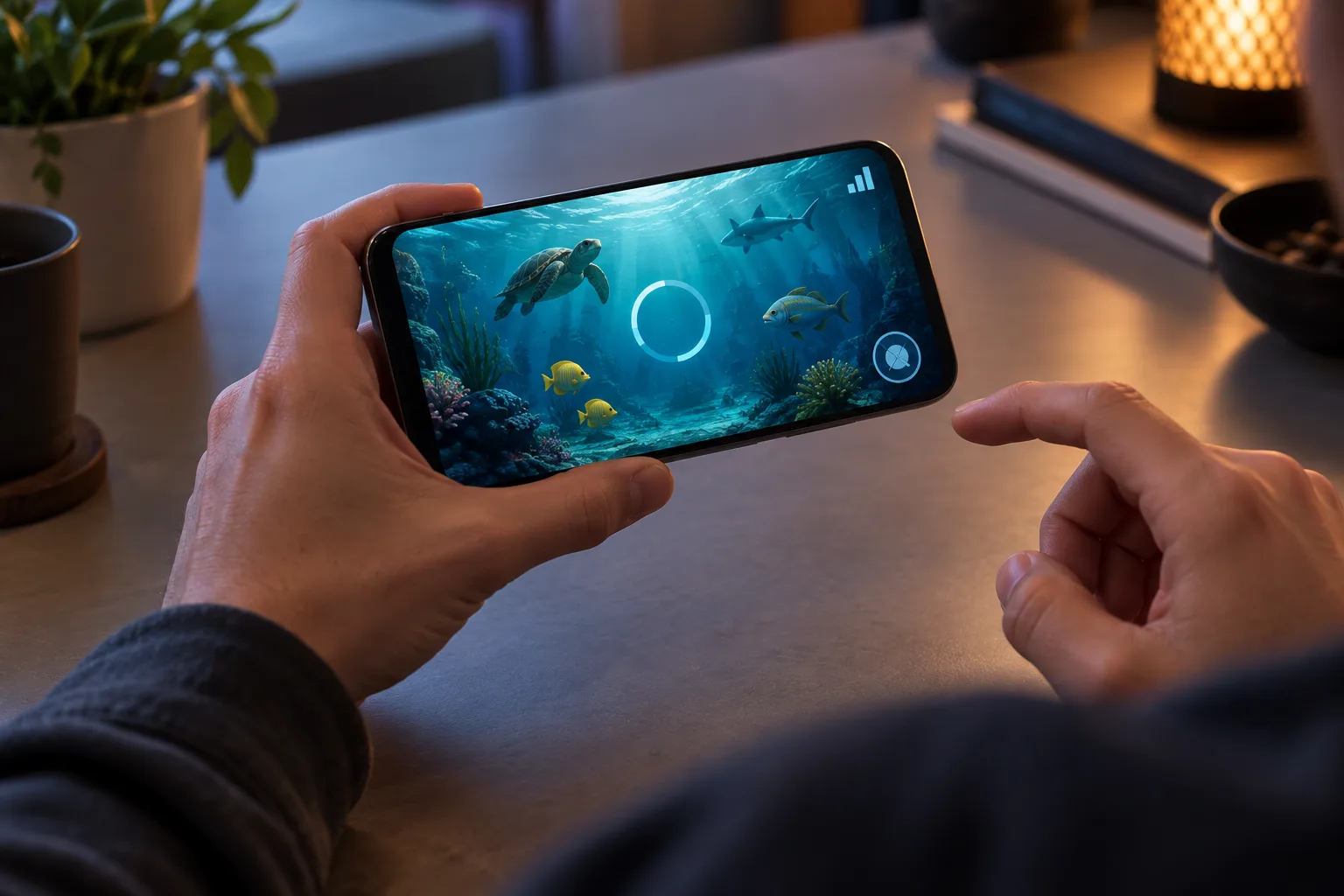 A generic underwater game screen frozen beneath a loading ring, The player holds a finger away from the play control while