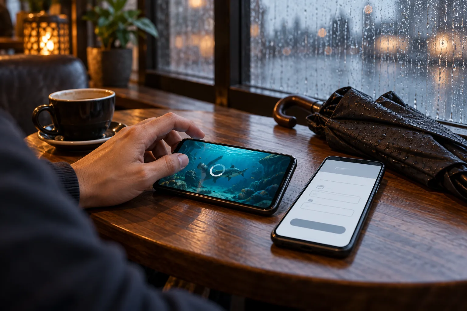 An anonymous hand pausing an active fishing game on a phone, The player holds off on continuing while checking whether the