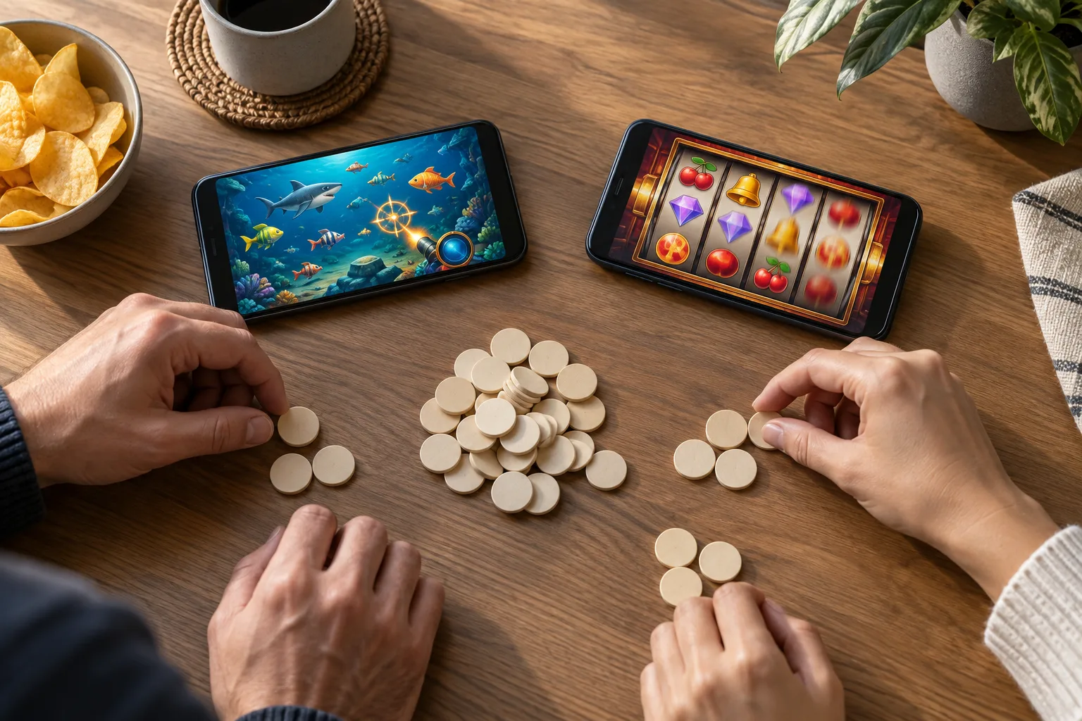 Anonymous hands dividing a fixed pile of plain tokens beside two game screens, The hands move tokens into separate groups to