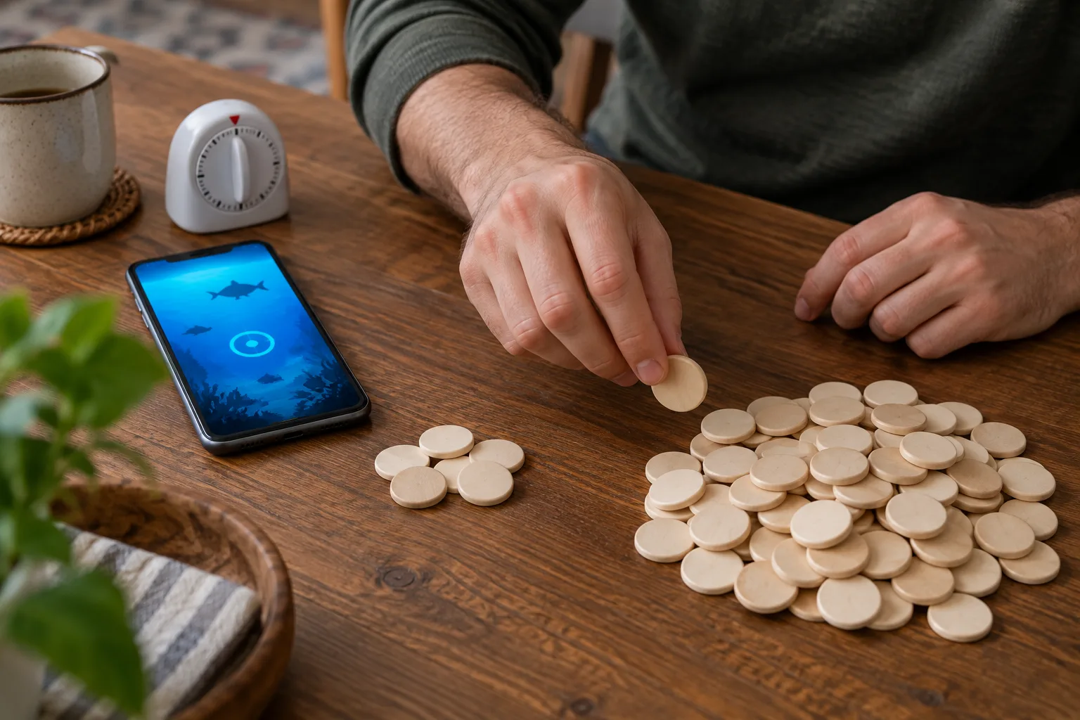 Hands moving plain tokens from one pile into a much larger spent pile, The hands move another token into the spent pile