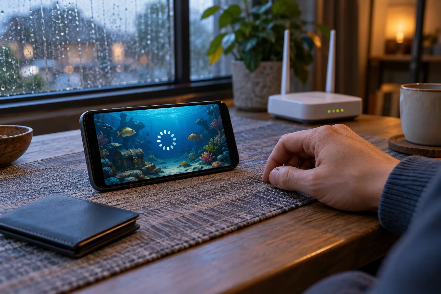 A hand pausing a generic underwater target game on a phone, The hand waits beside the phone as its loading indicator remains