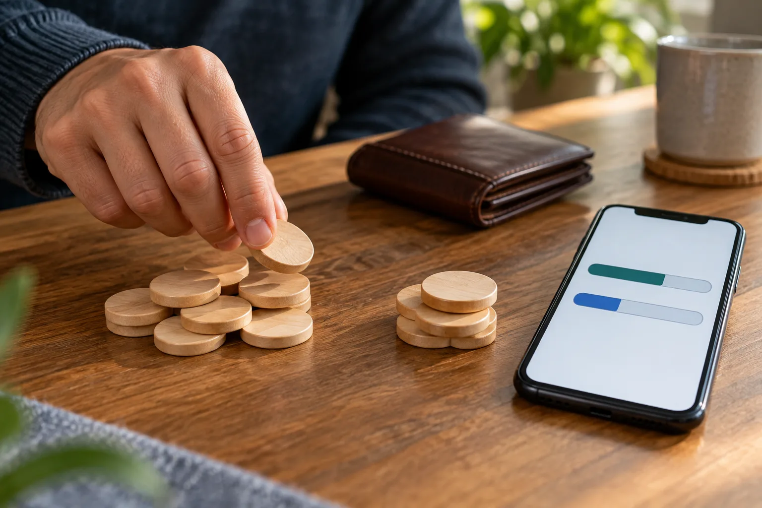 An unidentifiable hand separating plain tokens into a planned deposit pile and a remaining budget pile, The hand moves a