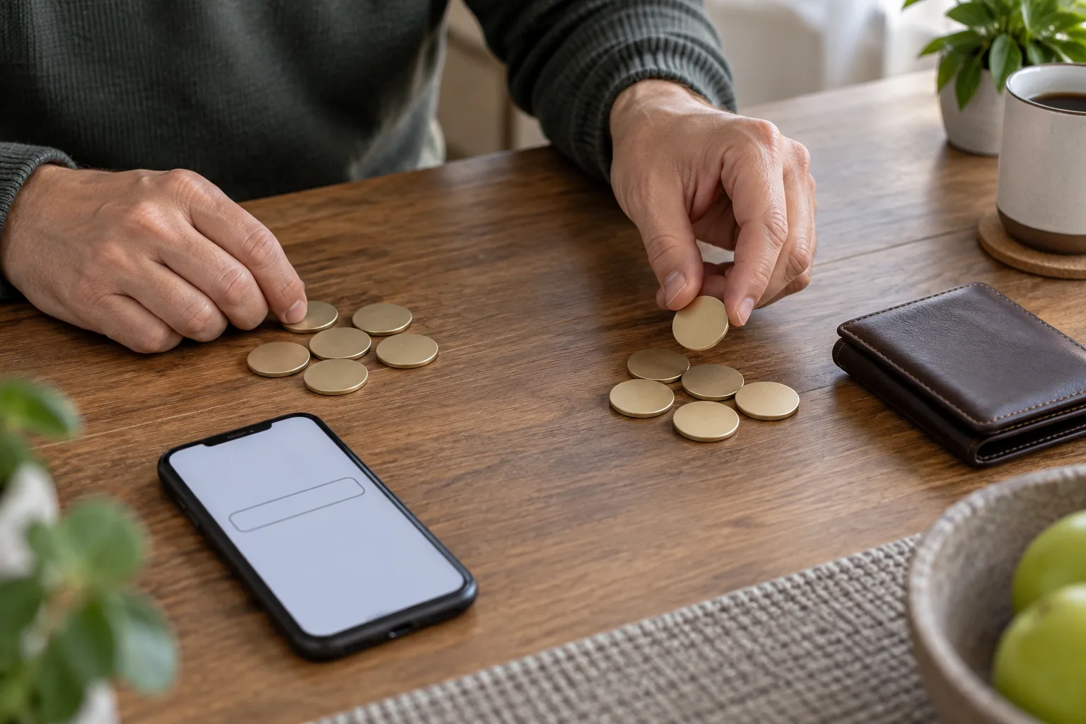 Anonymous hands separating plain tokens into a planned deposit group and a wallet remainder group, The hands move one token