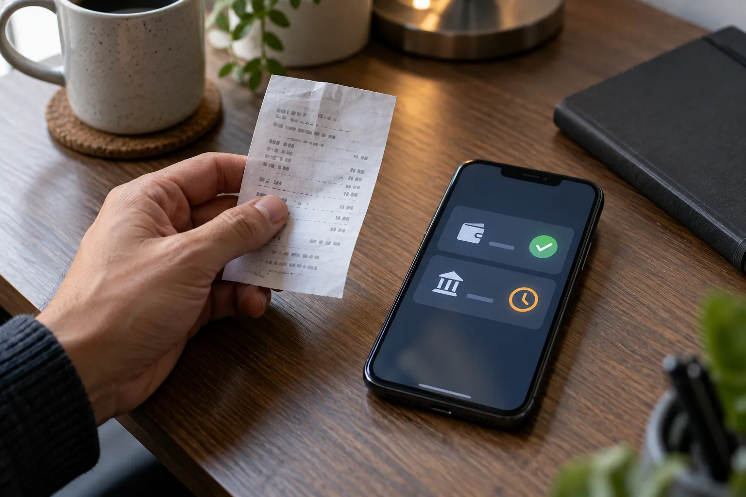 An anonymous hand comparing a paper receipt with two different transaction states on a phone, The hand holds the receipt