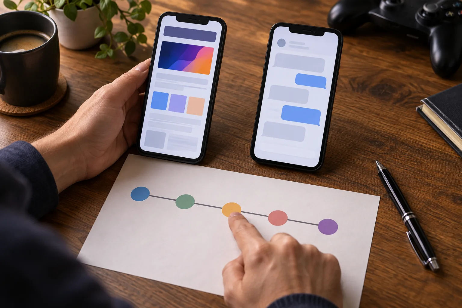 Hands aligning two lit phones, One screen shows an offer-condition layout and the other a support-message layout, with a