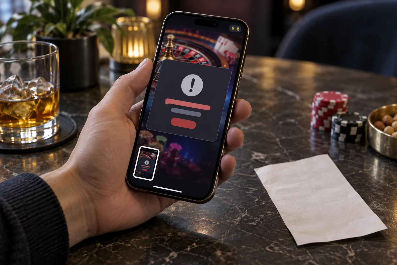 A hand captures a promotional result on the active phone screen, The hand saves the on-screen result before leaving the page
