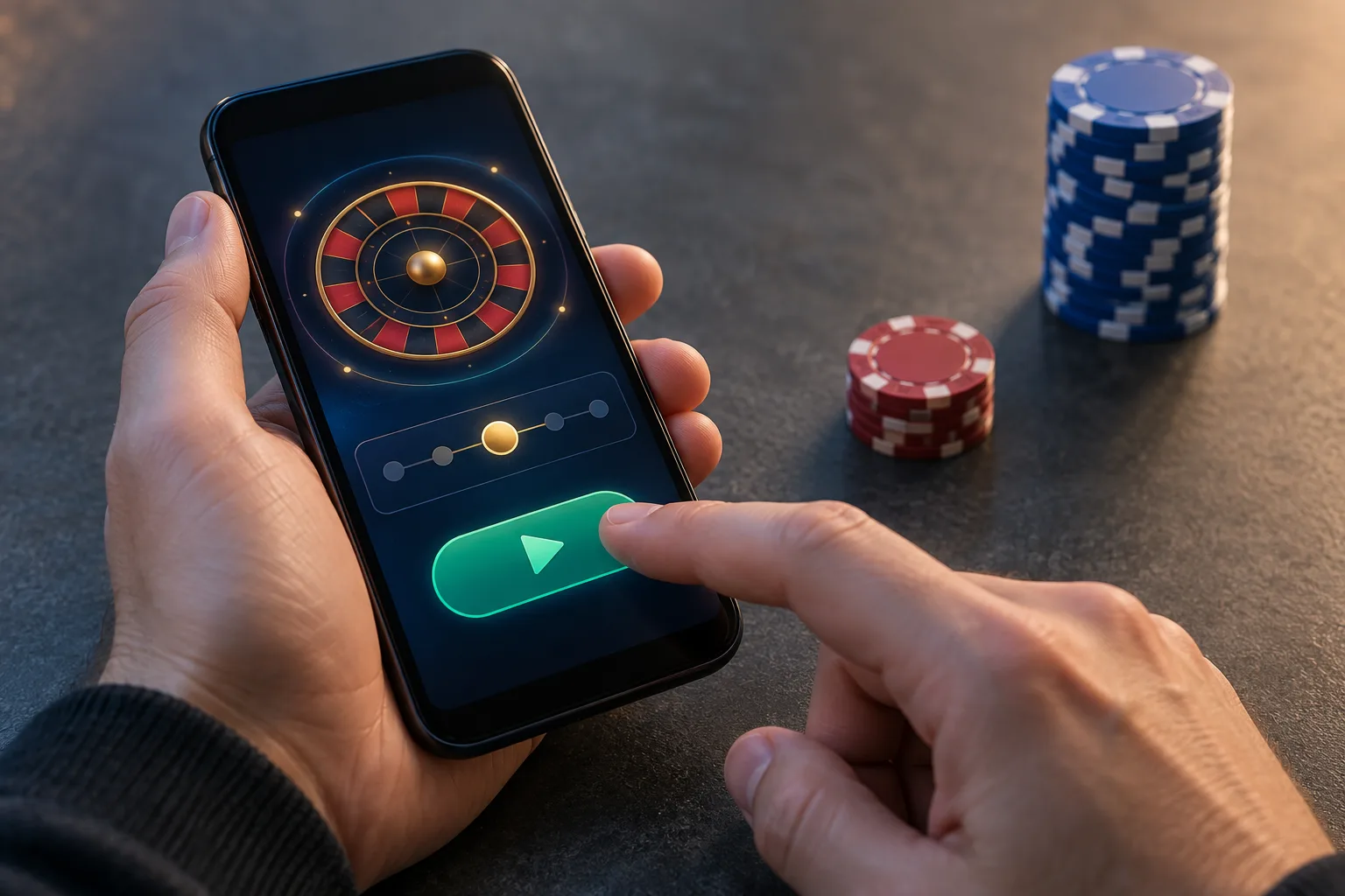 A fingertip paused above a game play control, The fingertip pauses before submitting the stake while the two token stacks