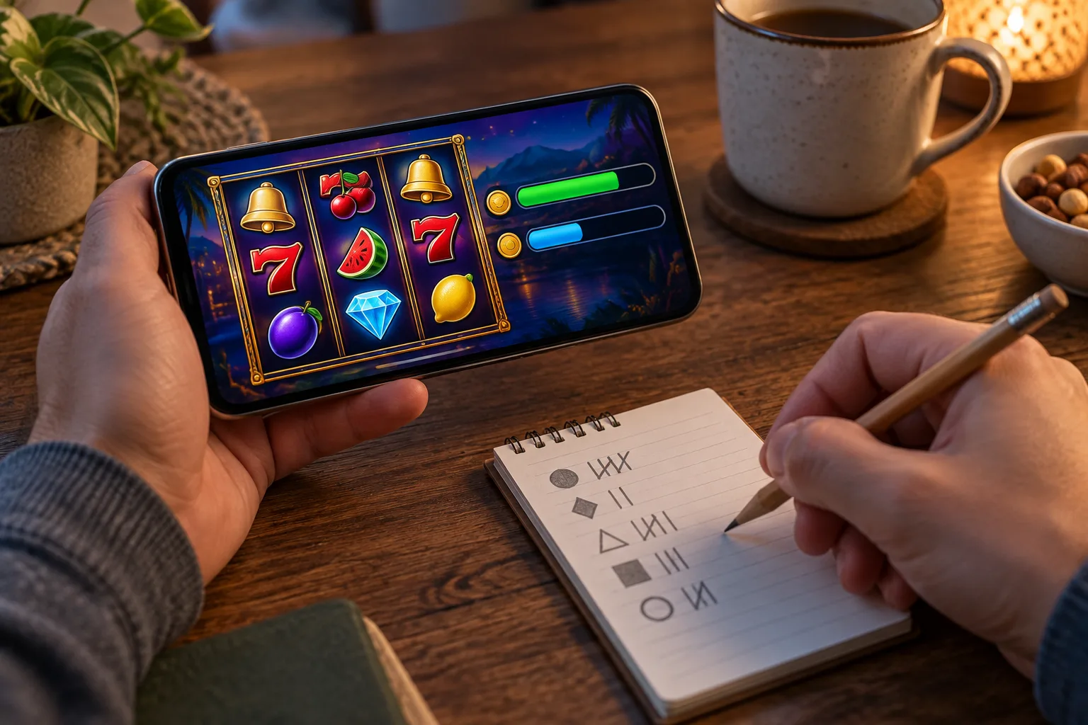 A phone showing settled reel symbols beside a small paper tally with abstract marks, An unidentifiable hand compares the