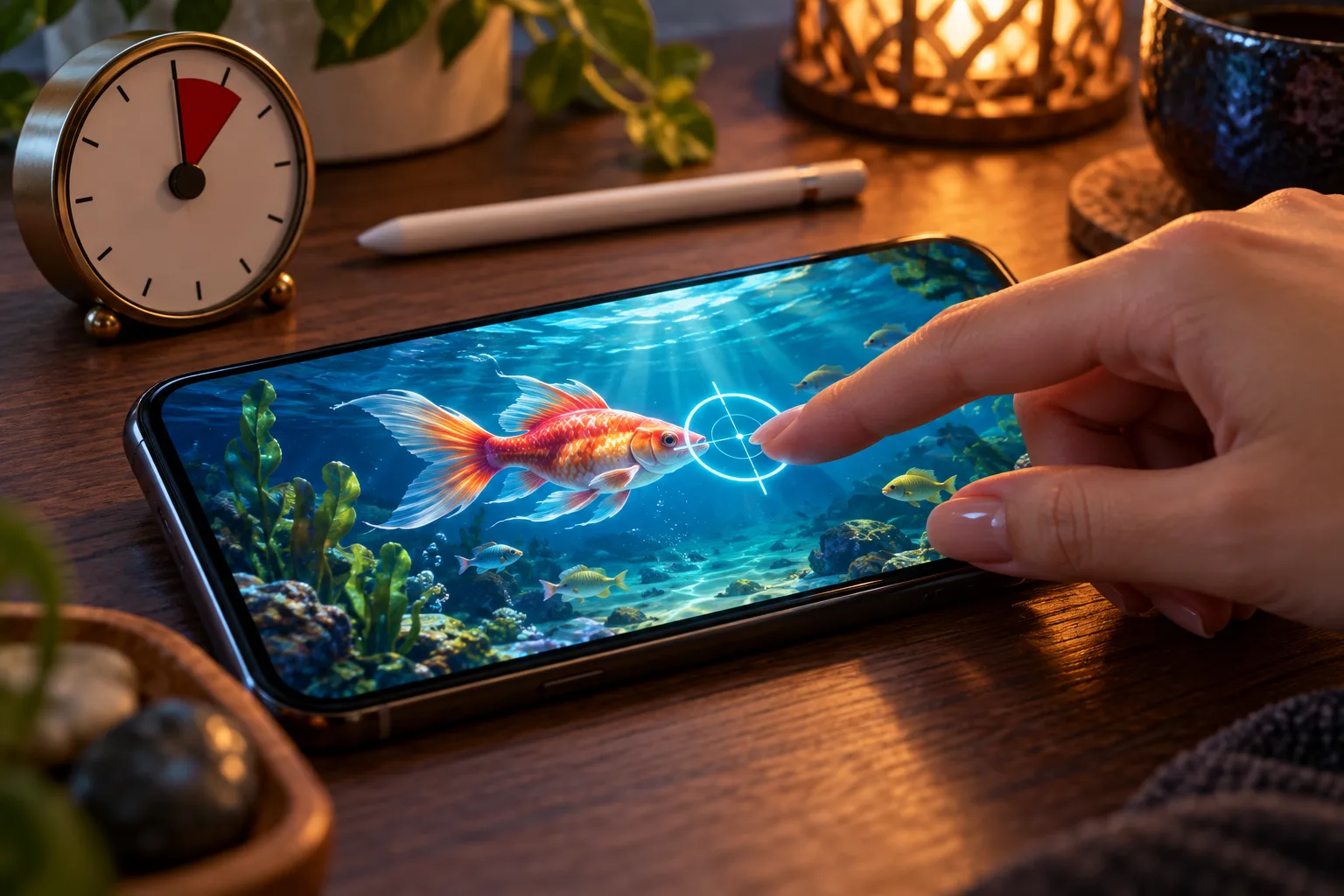 An unidentified hand testing the touch controls, The hand tests an aim on the visible practice screen while the timer marks