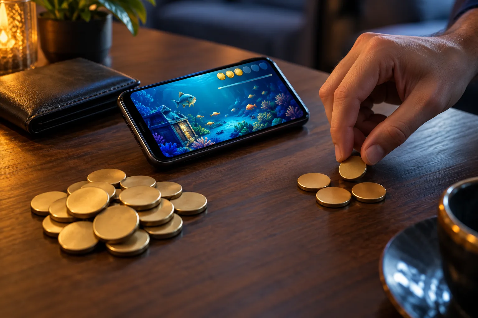 An unidentified hand dividing plain tokens into a small play group and a larger untouched reserve, The hand moves a token