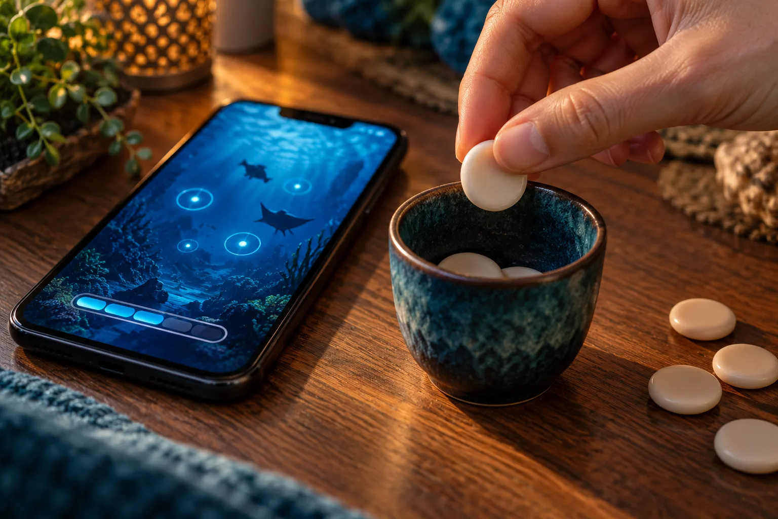 An unidentifiable hand counting tokens into one small round-sized group, The hand places the last token into the cup while