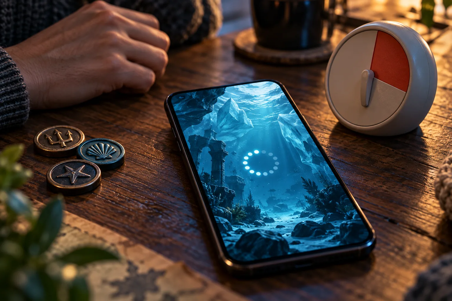 A phone showing an abstract loading indicator over a frozen underwater scene, An unidentifiable hand rests away from the