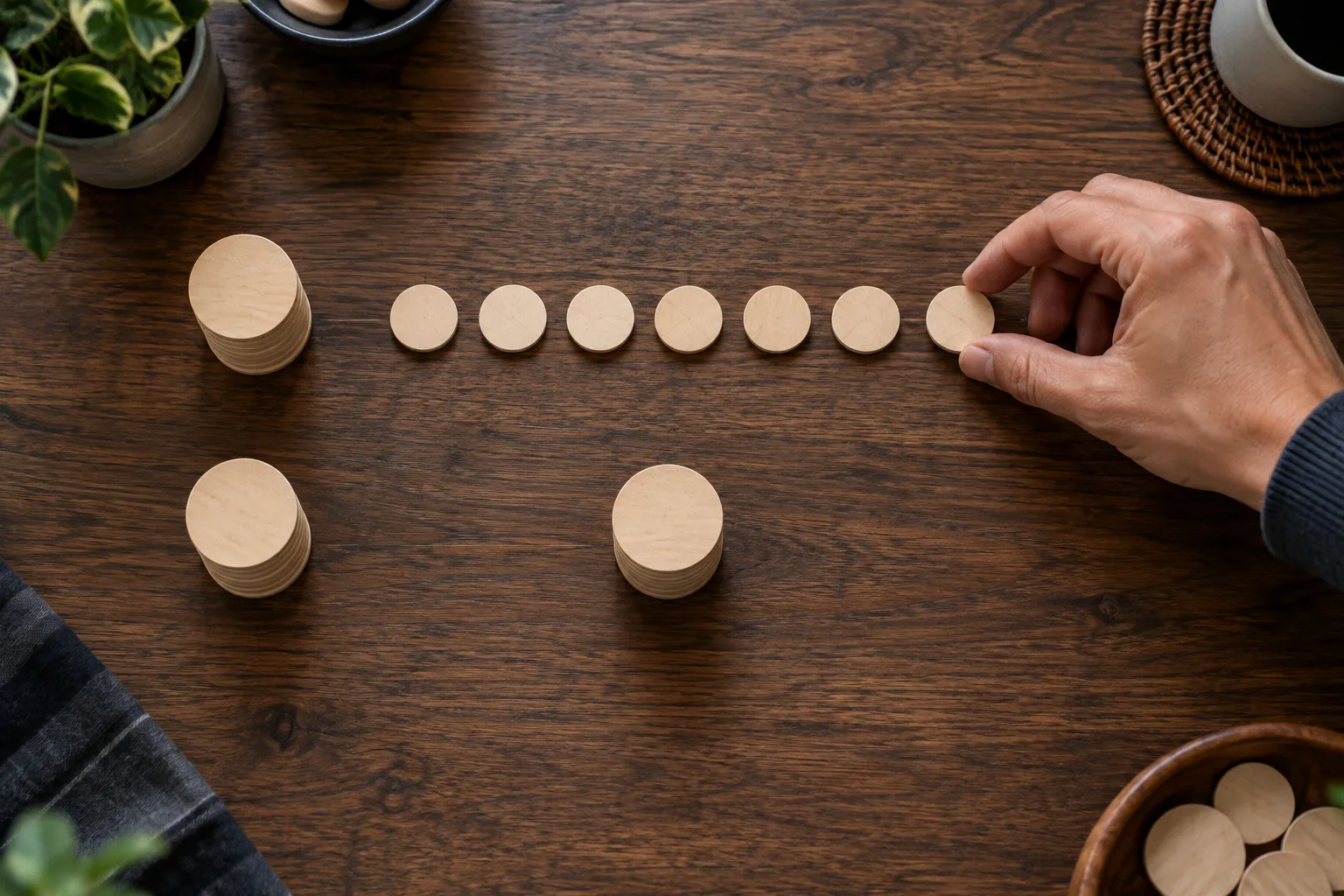 A hand grouping plain tokens to compare two spin sequences, The hand places the final small return beside the larger single