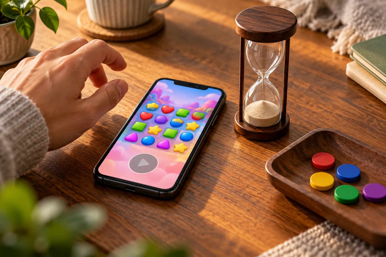 A cropped adult hand withdrawing from a phone beside an exhausted visual timer, The hand moves away from the phone while