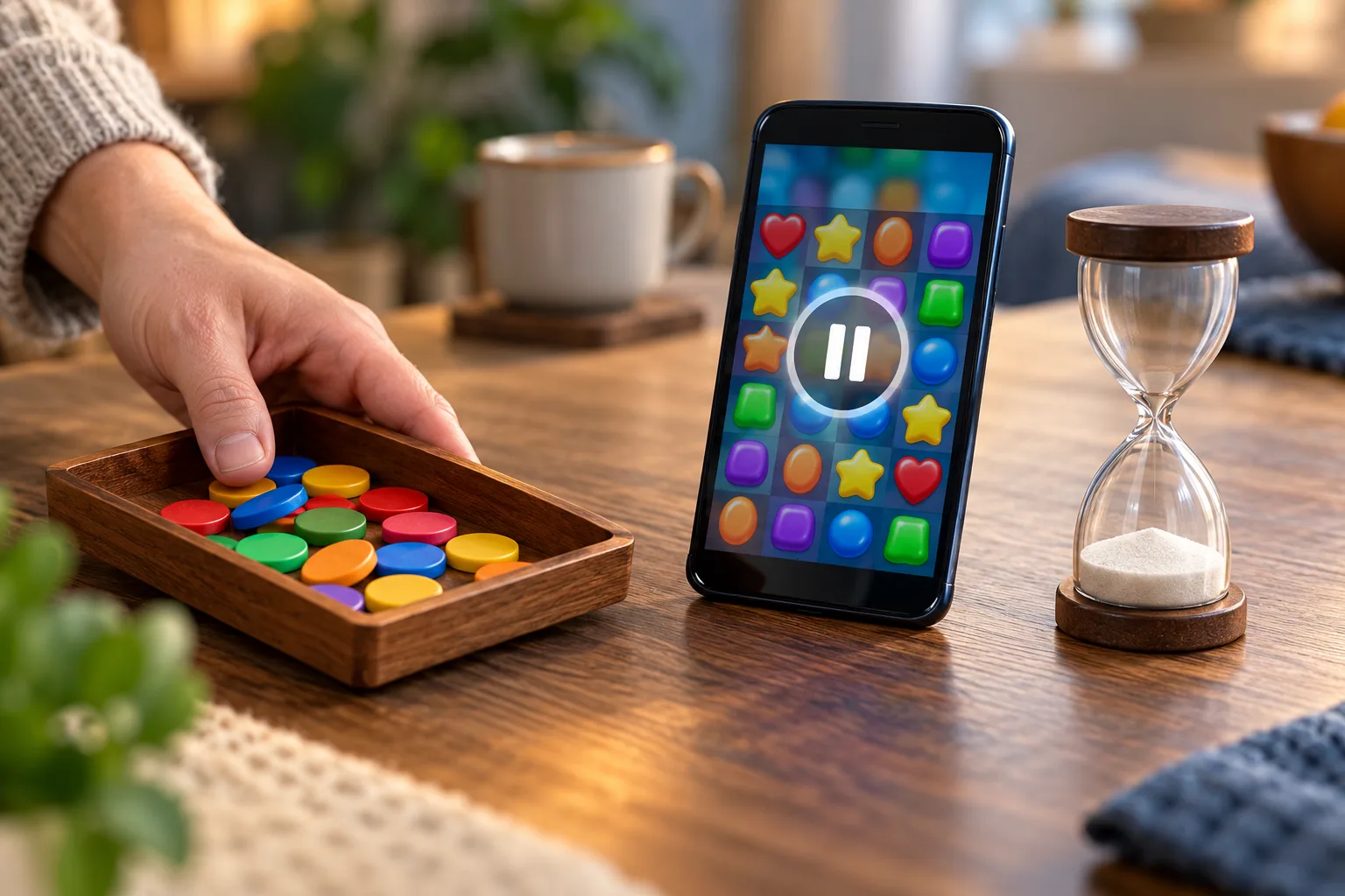 An adult’s cropped hand sliding remaining tokens away from a phone as a sand timer empties, The hand moves the remaining