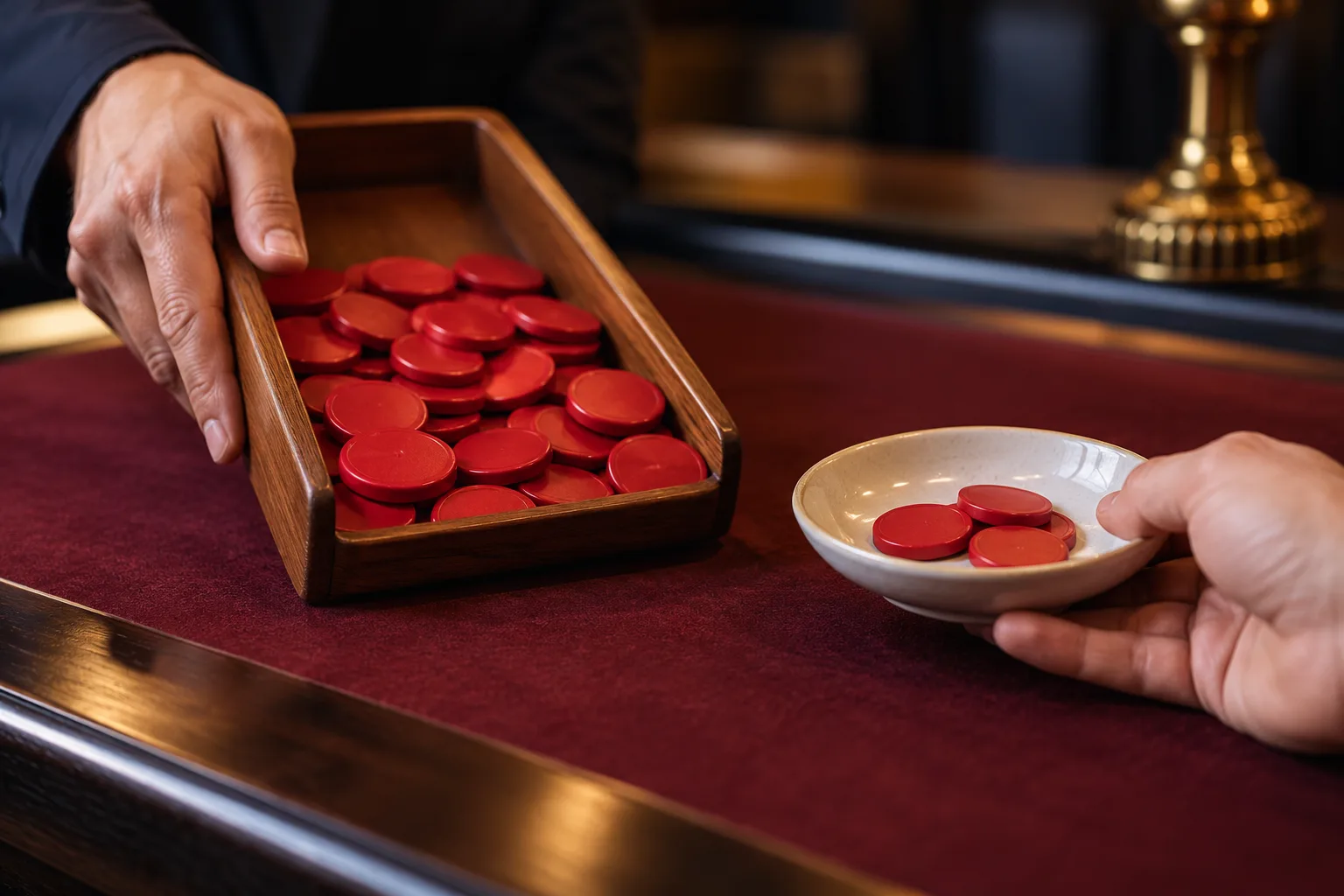 Anonymous adult hands comparing a larger outgoing group of counters with a visibly smaller returned group, One hand pushes