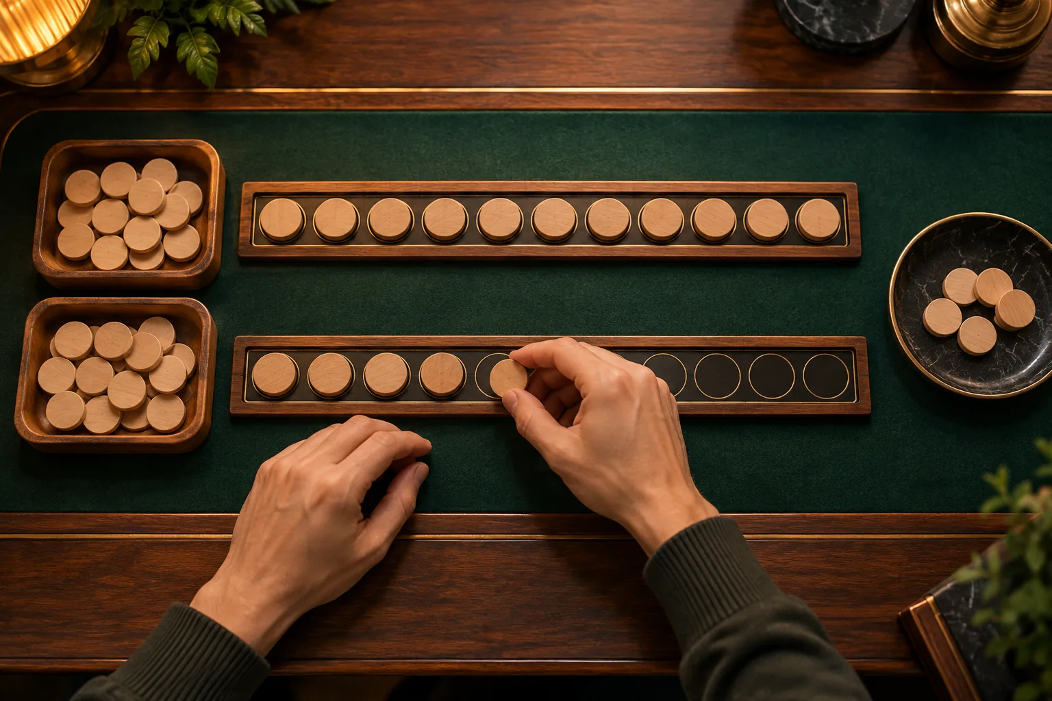 Anonymous adult hands arranging identical plain counters across parallel tracks, The hands move all counters from one input