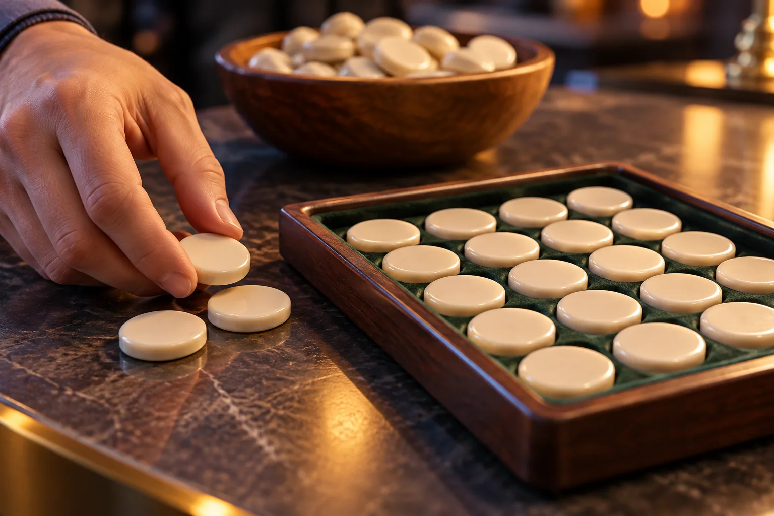 An anonymous adult hand separating counters at the edge of a filled receiving tray, The hand leaves surplus counters outside