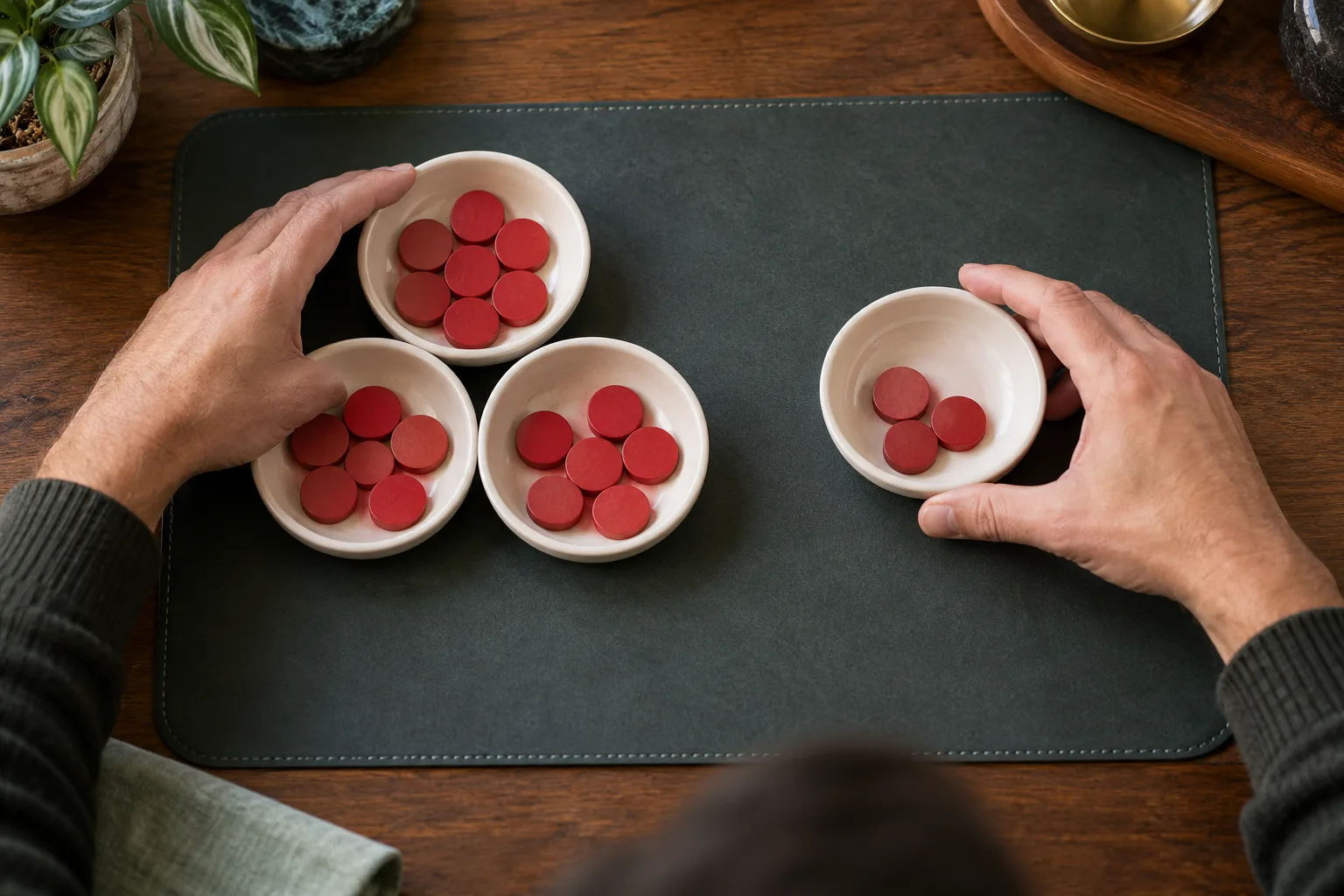 Anonymous adult hands comparing a combined stake with a visibly smaller returned quantity., A hand draws the three stake