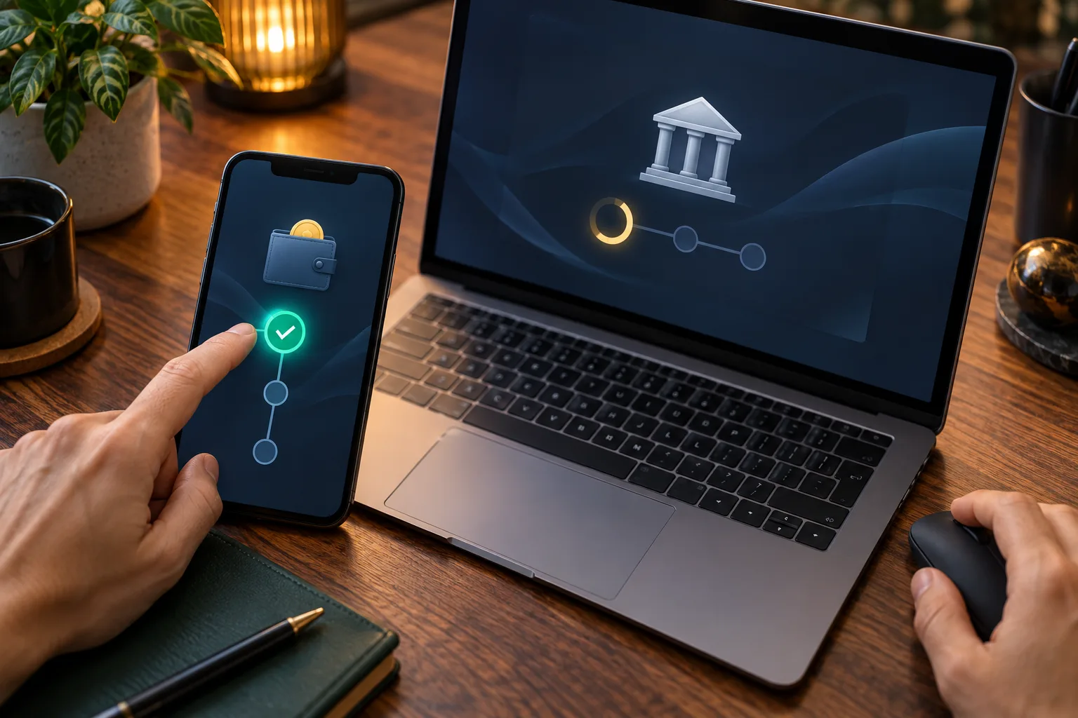 An anonymous adult comparing a wallet transaction record with a separate cashier deposit record., One hand points to the