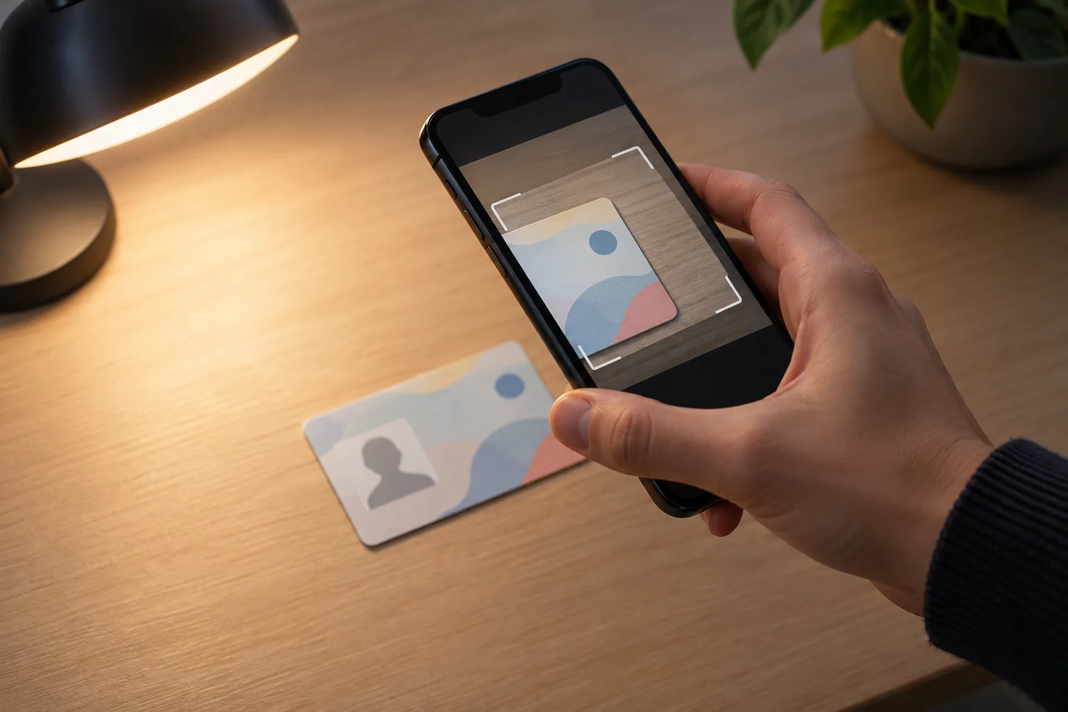 An anonymous adult adjusting a phone camera above a fictional identity card, The hand raises the phone to bring the cropped