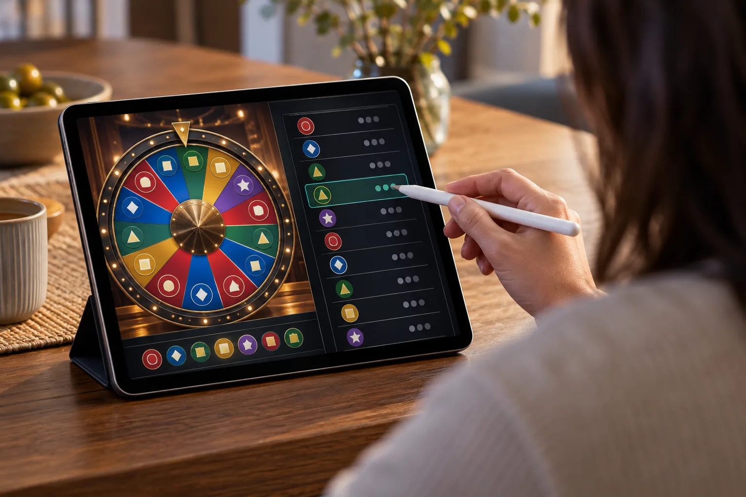 A hand comparing a live wheel view with an expanded account record, The stylus points to matching abstract round symbols in