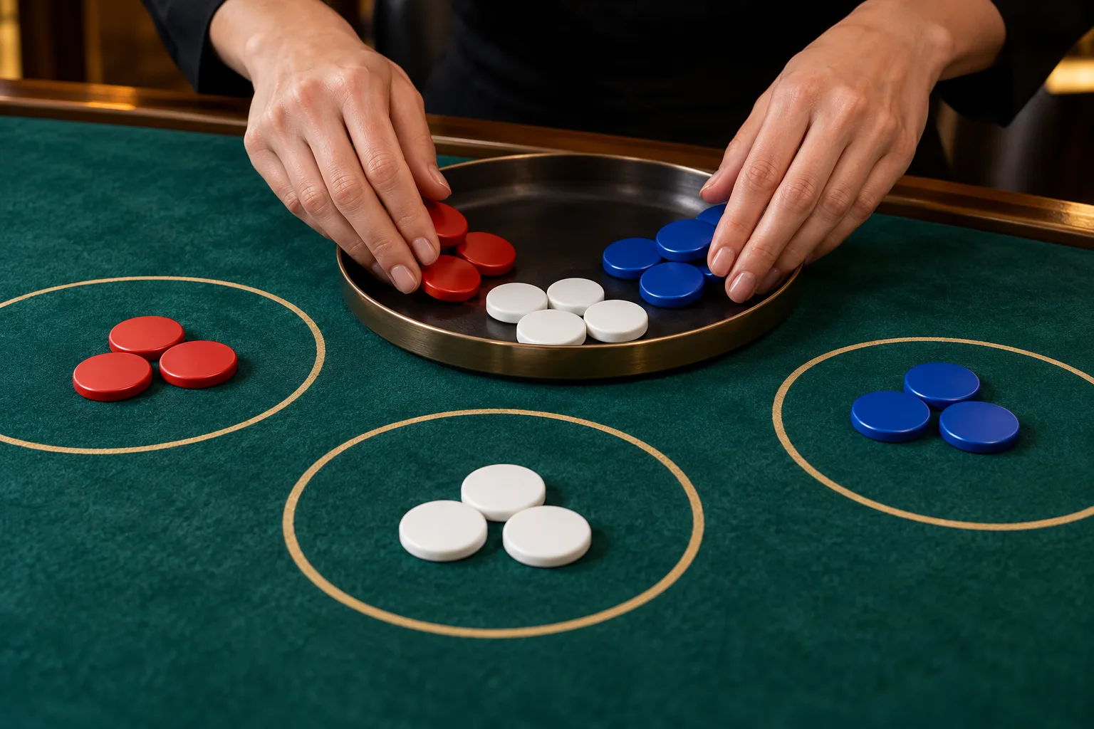 Anonymous adult hands showing how separate selections combine into one total commitment, The hands sweep the token groups