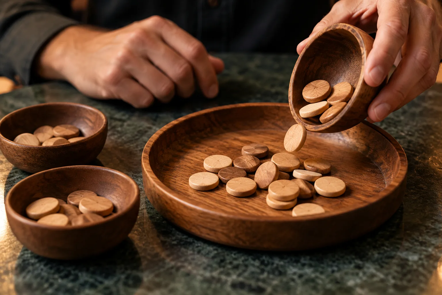 Cropped adult hands combining separate proposed bets into one total, A hand tips counters from the final small dish into the