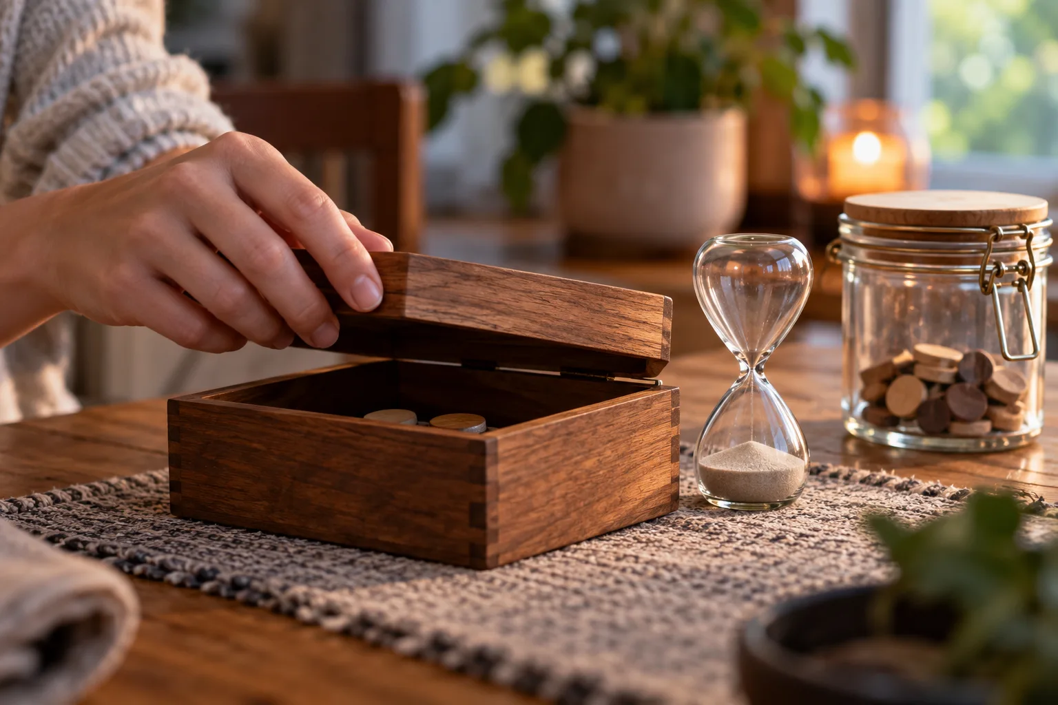An anonymous adult closing a betting-token container while preserving a separate reserve, A cropped hand lowers the wooden