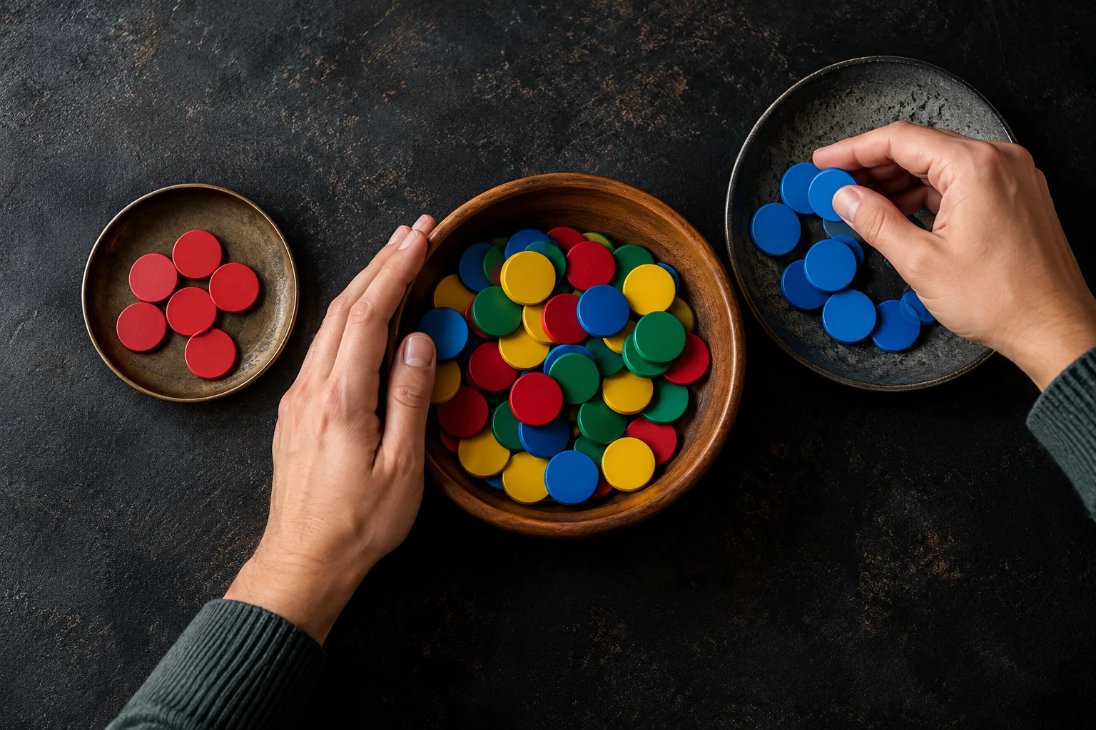 Hands separating a single round's commitment from a larger reserve, One hand moves the returned tokens toward the reserve