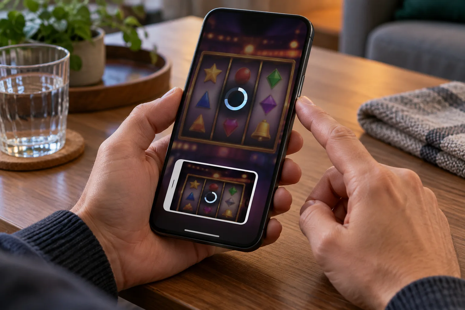 An anonymous adult capturing an interrupted slot screen., Fingers press the phone's screenshot controls while the preview
